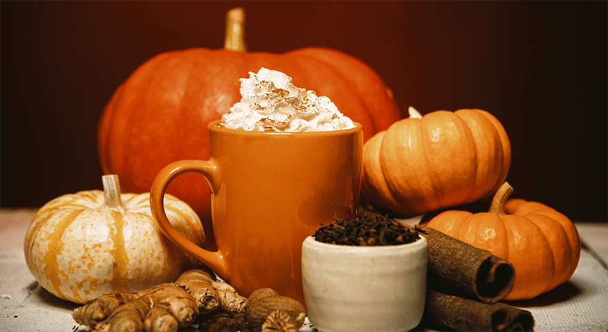 Image of multiple pumpkins and pumpkin spice