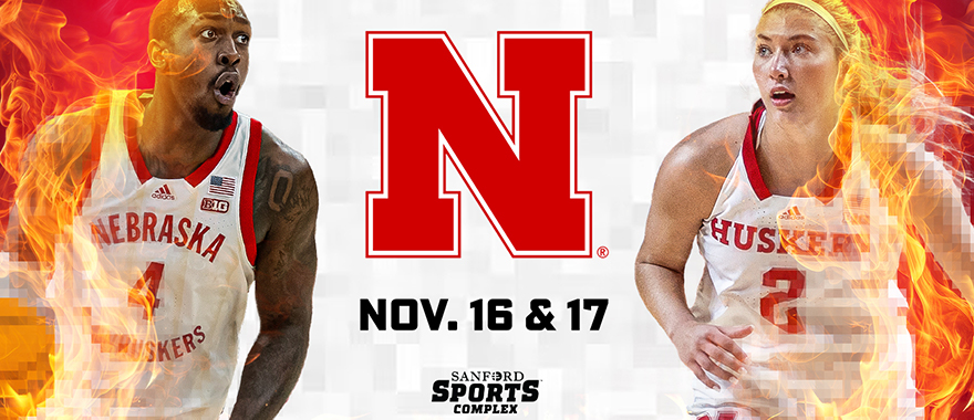 graphic of man and woman Nebraska husker players running towards each other with half their body on fire. Nebraska logo is in the center with the dates Nov. 16 & 17