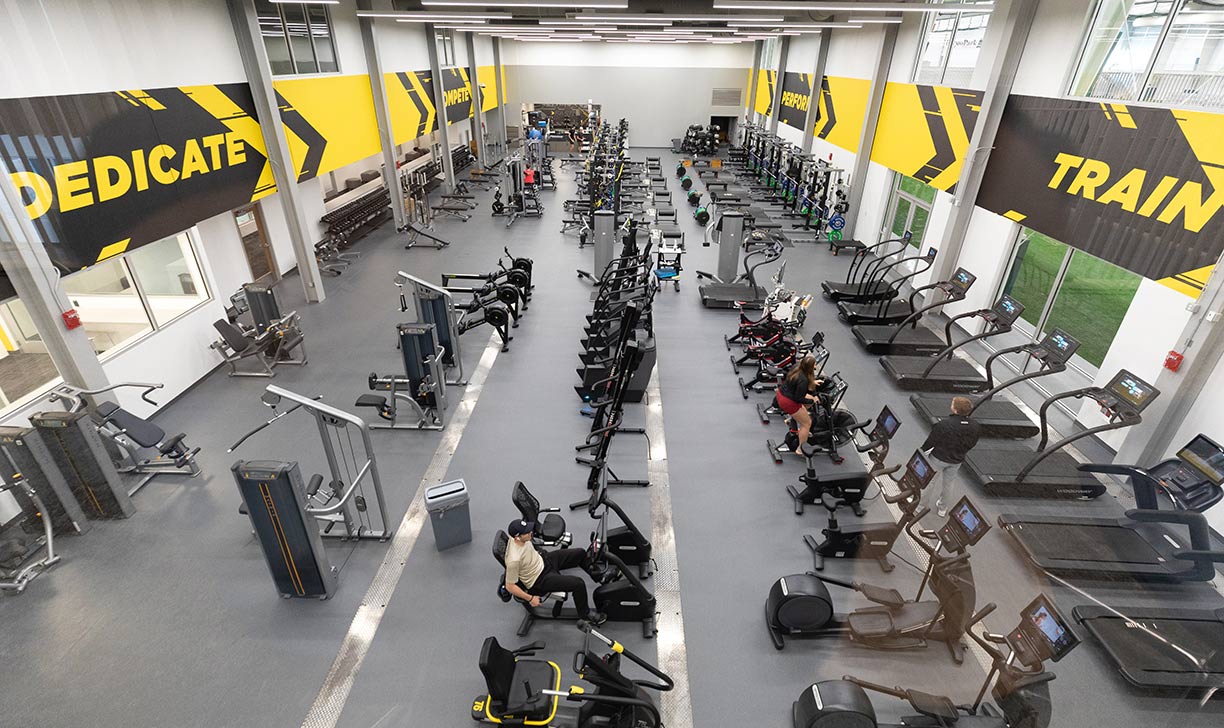 View from above of the weight lifting room inside the Sanford Sports Complex in Fargo, ND
